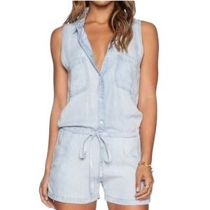 Rails Light Blue Chambray Sleeveless Button Up Romper Shorts Drawstring Waist XS